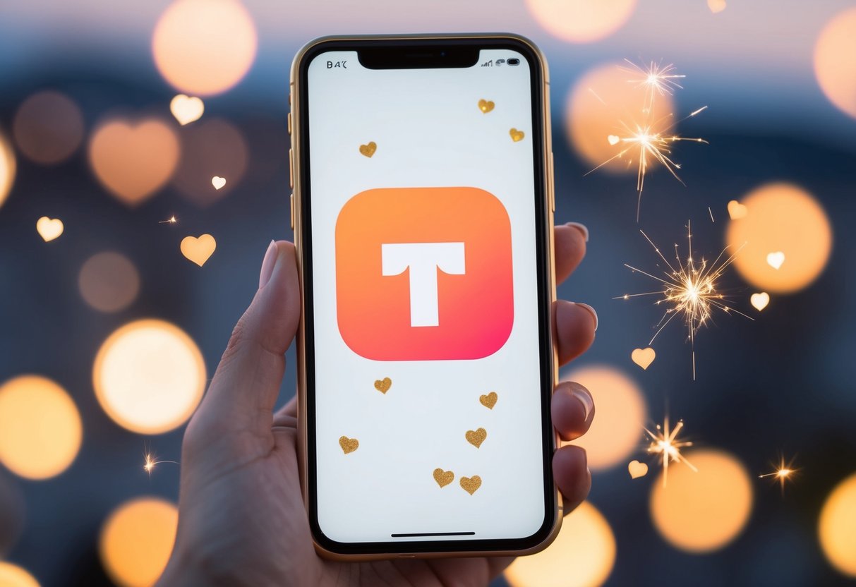 A smartphone with a glowing Tinder Gold icon surrounded by floating hearts and sparkles