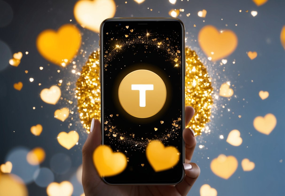 A smartphone surrounded by golden sparkles and hearts, with a glowing "Tinder Gold" logo on the screen