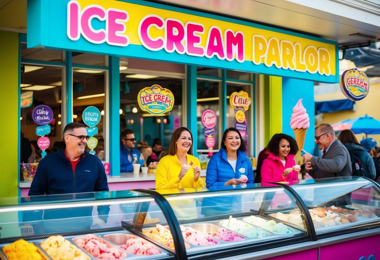 A colorful ice cream parlor with cheerful signage and promotional displays. Customers enjoying sweet treats and a lively atmosphere