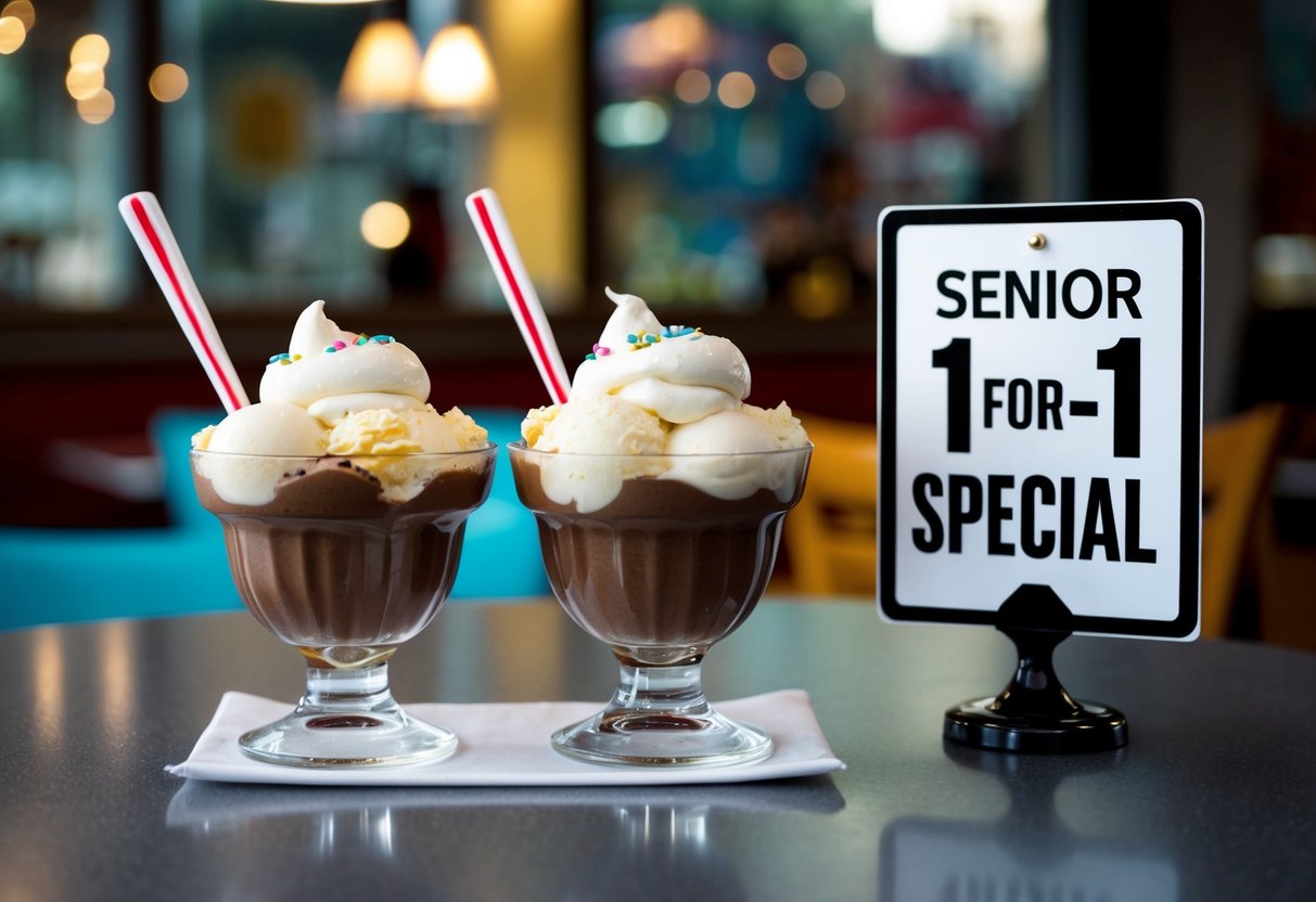 Two sundaes on a table with a "Senior 1-for-1 Special" sign