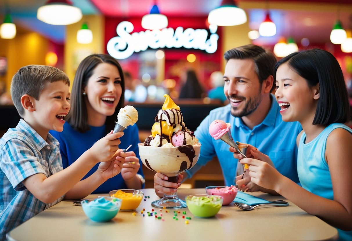 A family enjoying a large sundae at a Swensen's table, surrounded by colorful ice cream scoops and toppings