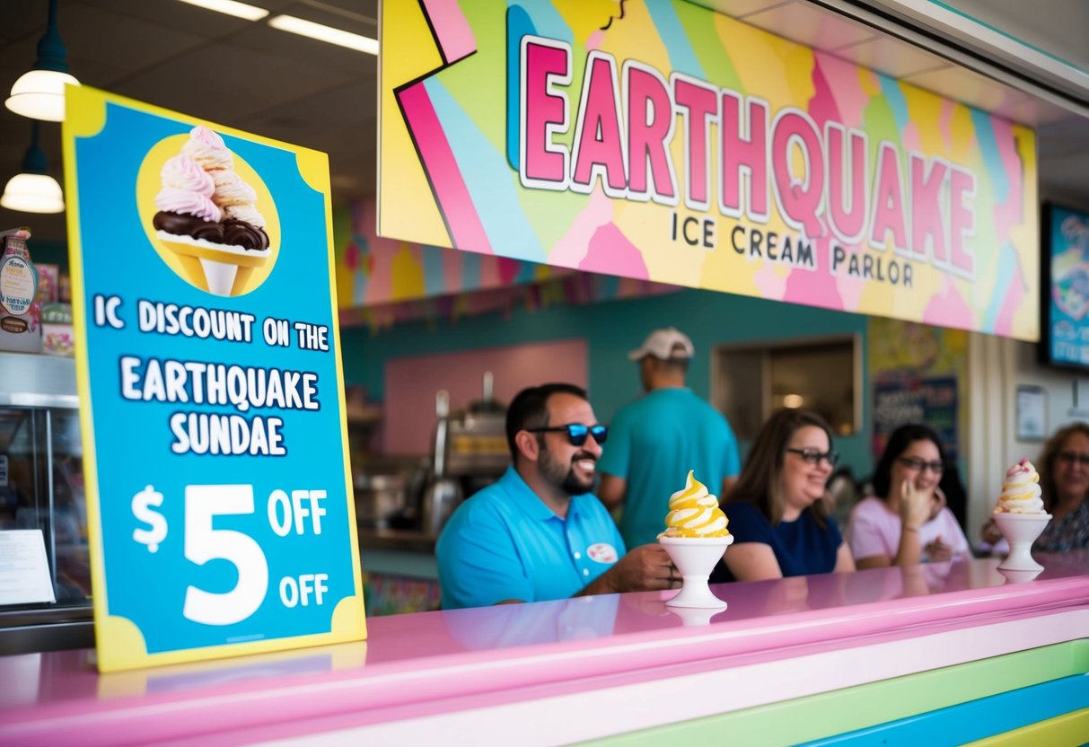 A colorful ice cream parlor with a sign advertising a $5 discount on the Earthquake Sundae. Customers enjoy their treats inside