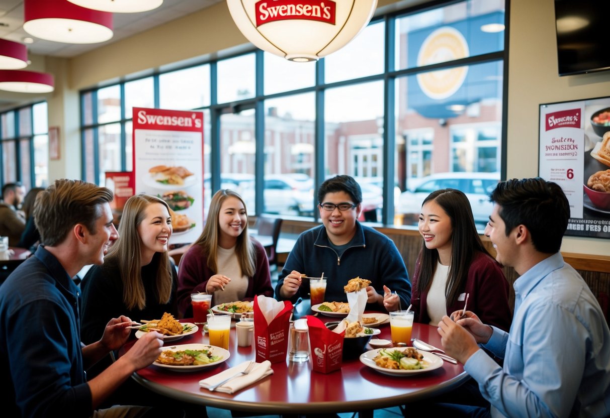 A group of students enjoying a meal at Swensen's on a weekday, with promotional items displayed around the restaurant