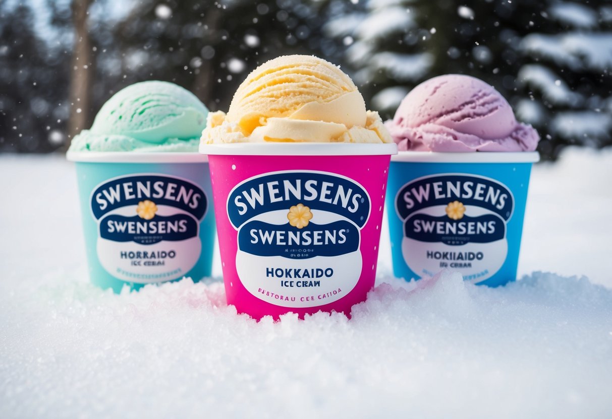 Three colorful pints of Swensens ice cream surrounded by Hokkaido snow