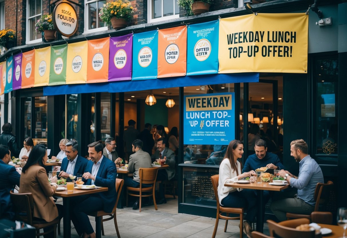 A bustling restaurant with colorful banners and a prominent "Weekday Lunch Top-Up Offer" sign displayed near the entrance. Customers enjoying their meals at various tables