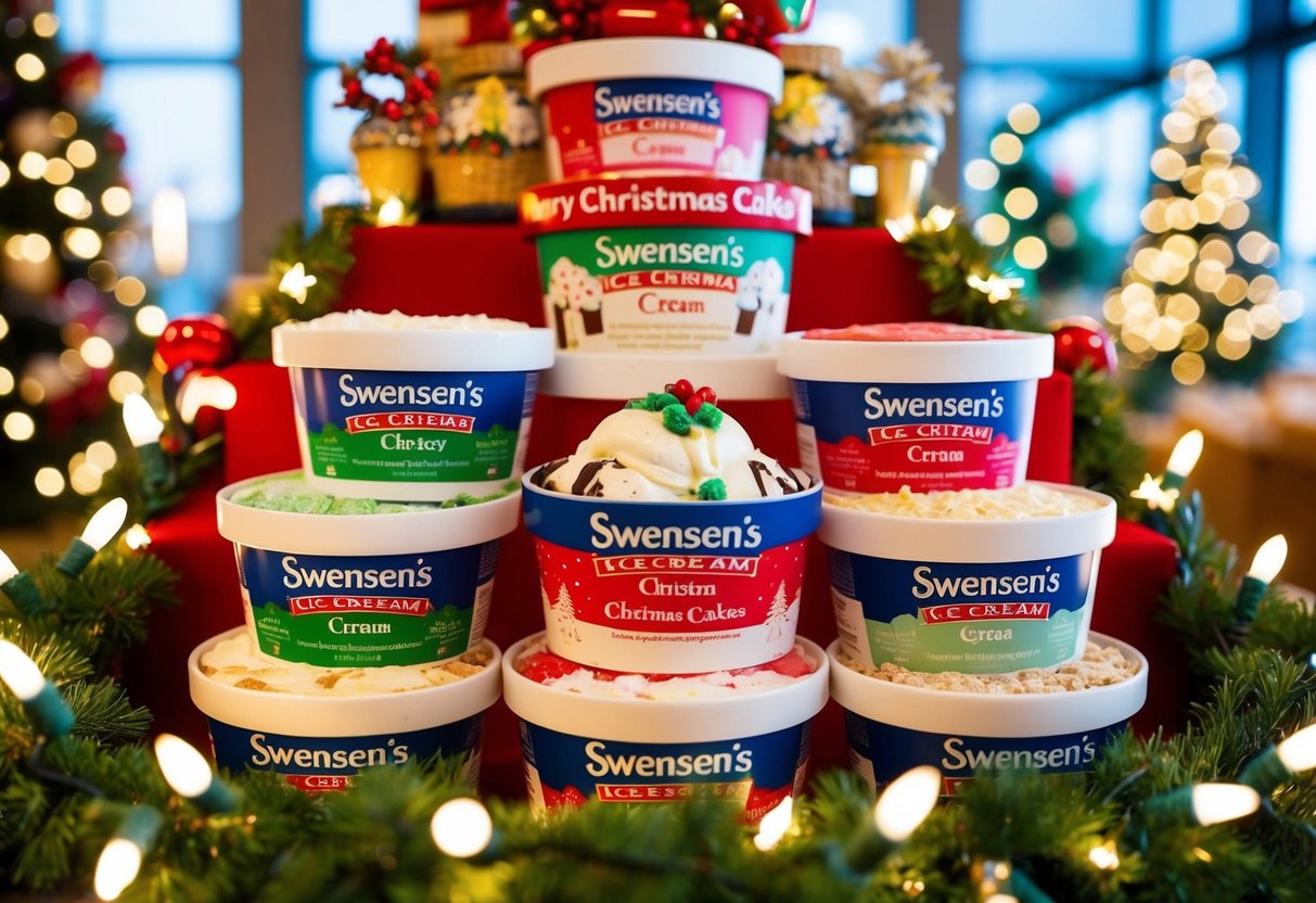 A festive display of Swensen's Christmas Ice Cream Cakes, surrounded by twinkling lights and holiday decorations