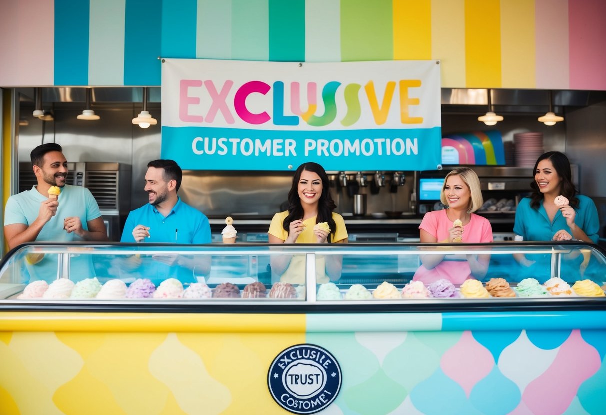 A colorful ice cream parlor with a "Exclusive Trust Customer Promotion" banner and happy customers enjoying their treats