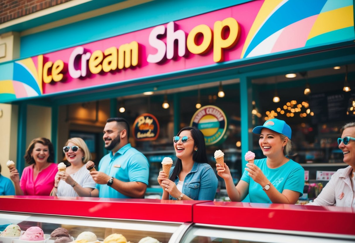 A vibrant ice cream shop with colorful signage and happy customers enjoying their treats