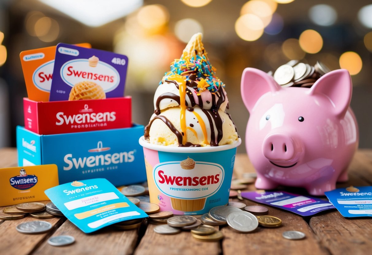 A colorful ice cream sundae surrounded by various Swensens promotional items and vouchers, with a piggy bank overflowing with coins in the background
