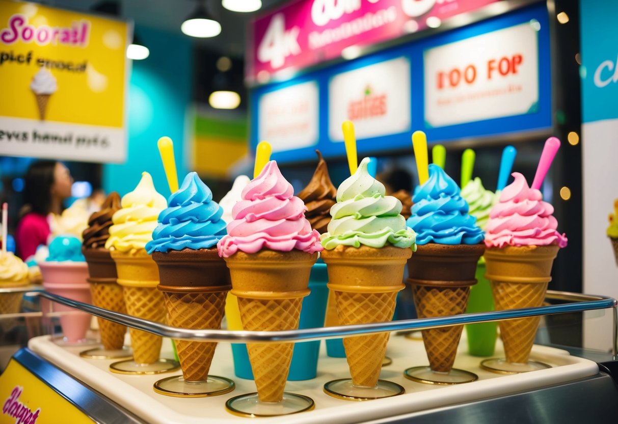 A colorful display of ice cream cones and sundaes with promotional signs and banners surrounding them
