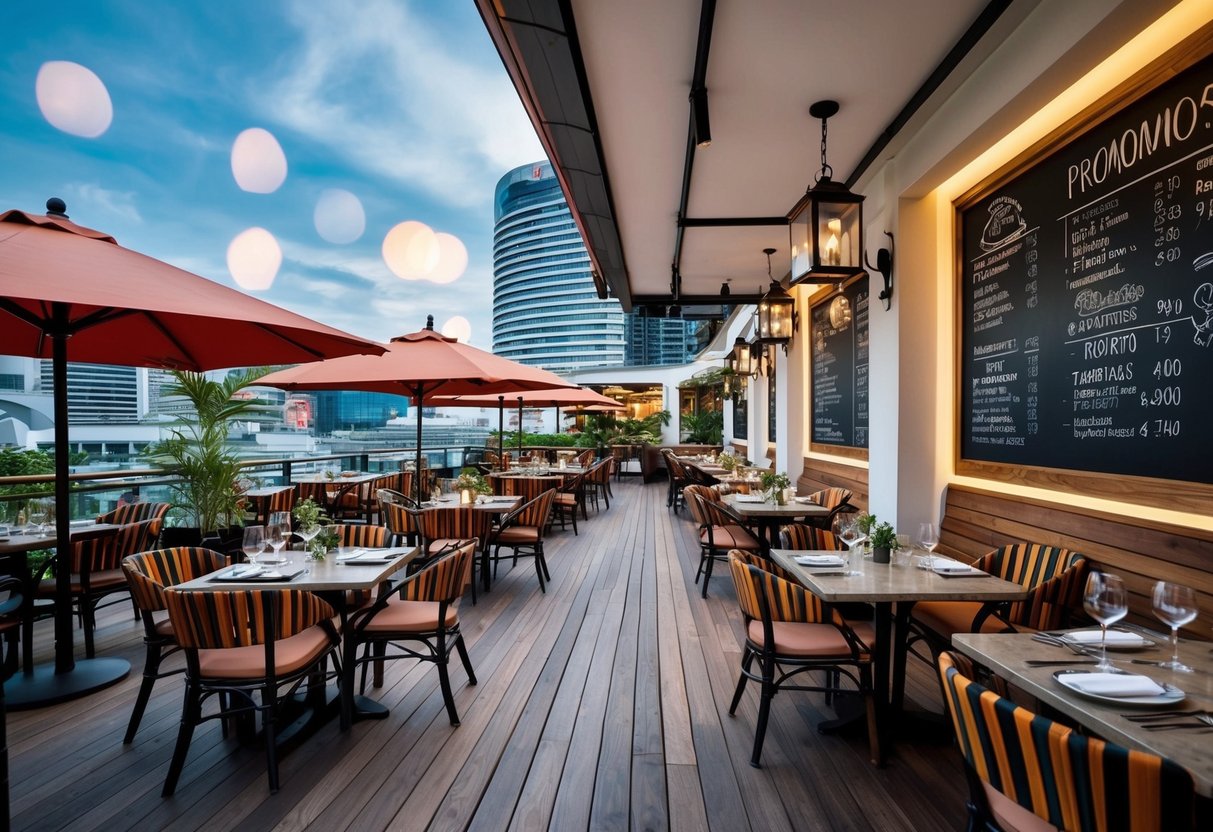 A bustling European-British restaurant in Singapore, with a vibrant outdoor terrace and a chalkboard displaying daily promotions