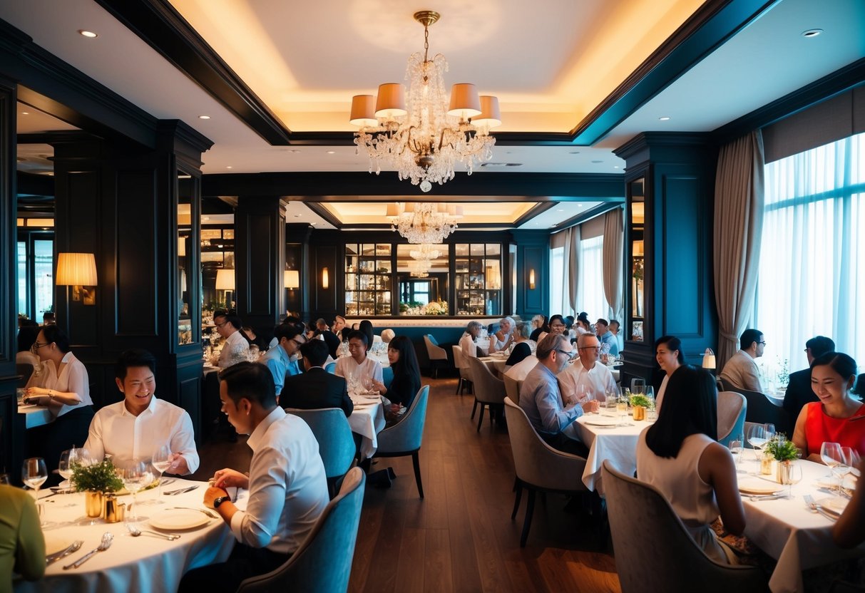 A bustling European-British restaurant in Singapore, with elegant decor and patrons enjoying fine dining