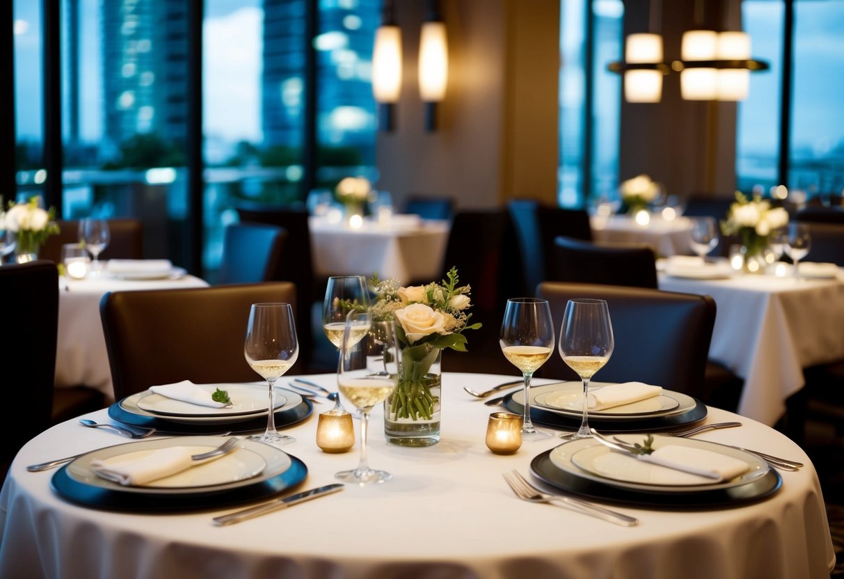 A table set with elegant European-British dishes, surrounded by the sophisticated ambiance of a Singaporean restaurant