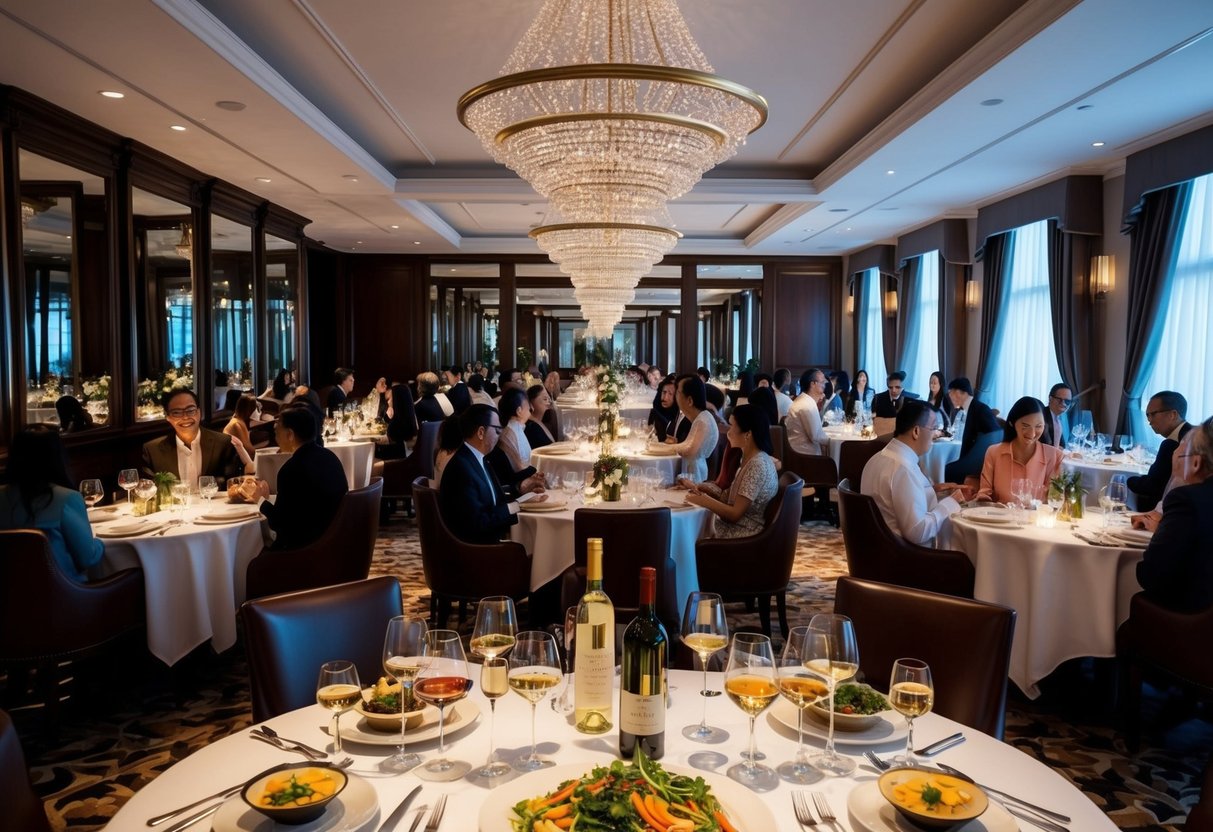 A grand dining room filled with elegant tables, adorned with seasonal dishes and fine wine, as patrons enjoy the extravagant tasting menu promotions at Jaan, a European-British restaurant in Singapore