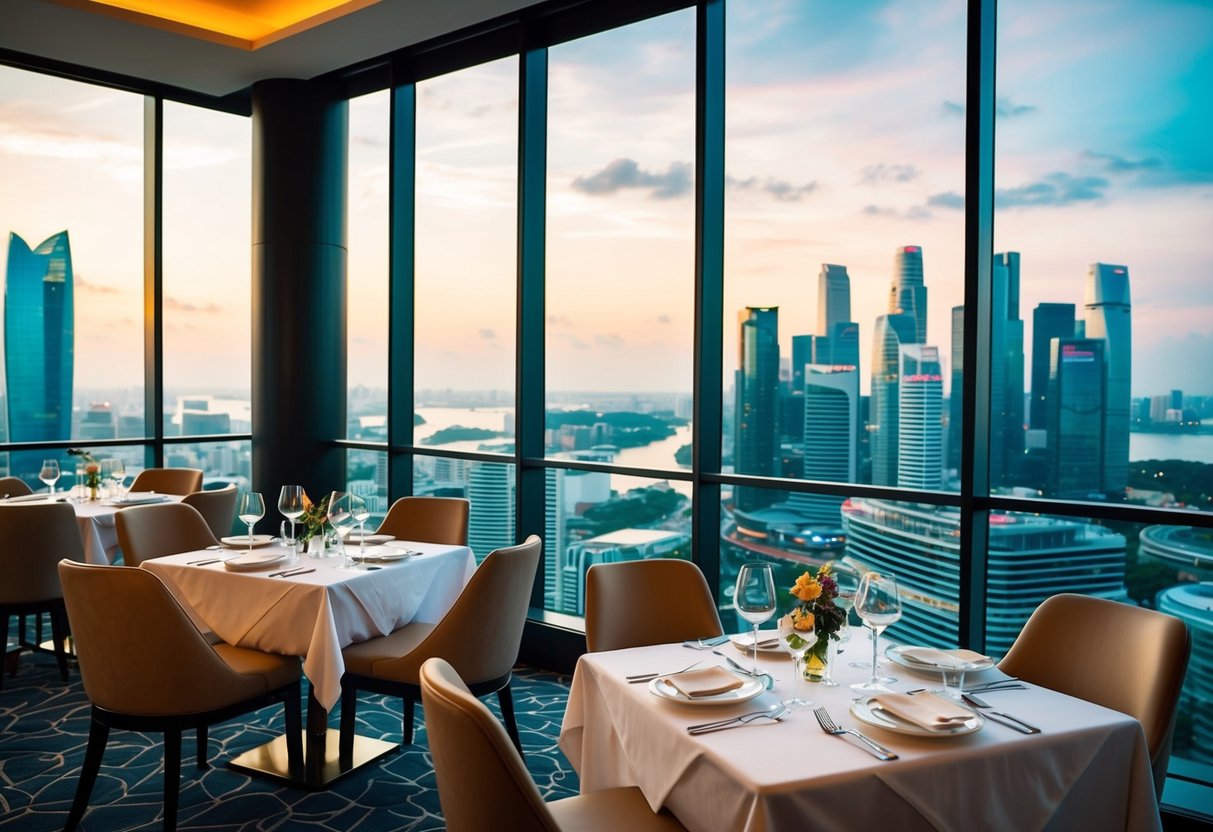 A European-British restaurant overlooking Singapore's cityscape, with elegant dining tables and a panoramic view of the skyline