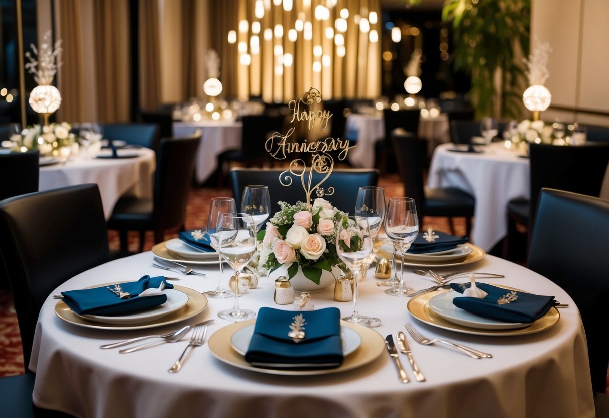 A table set with elegant European-British dishes, adorned with anniversary decorations, in a luxurious restaurant in Singapore