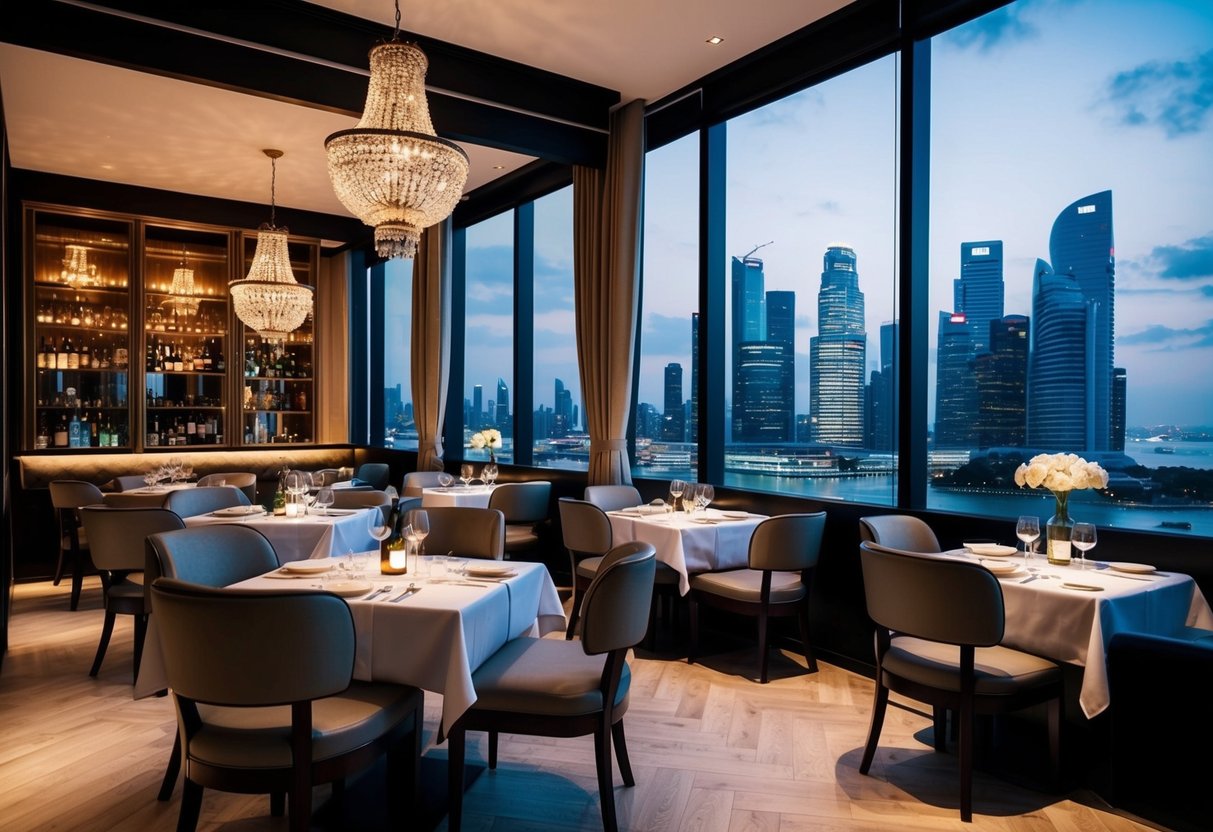 A cozy European-British restaurant in Singapore, featuring elegant decor, dim lighting, and a view of the city skyline