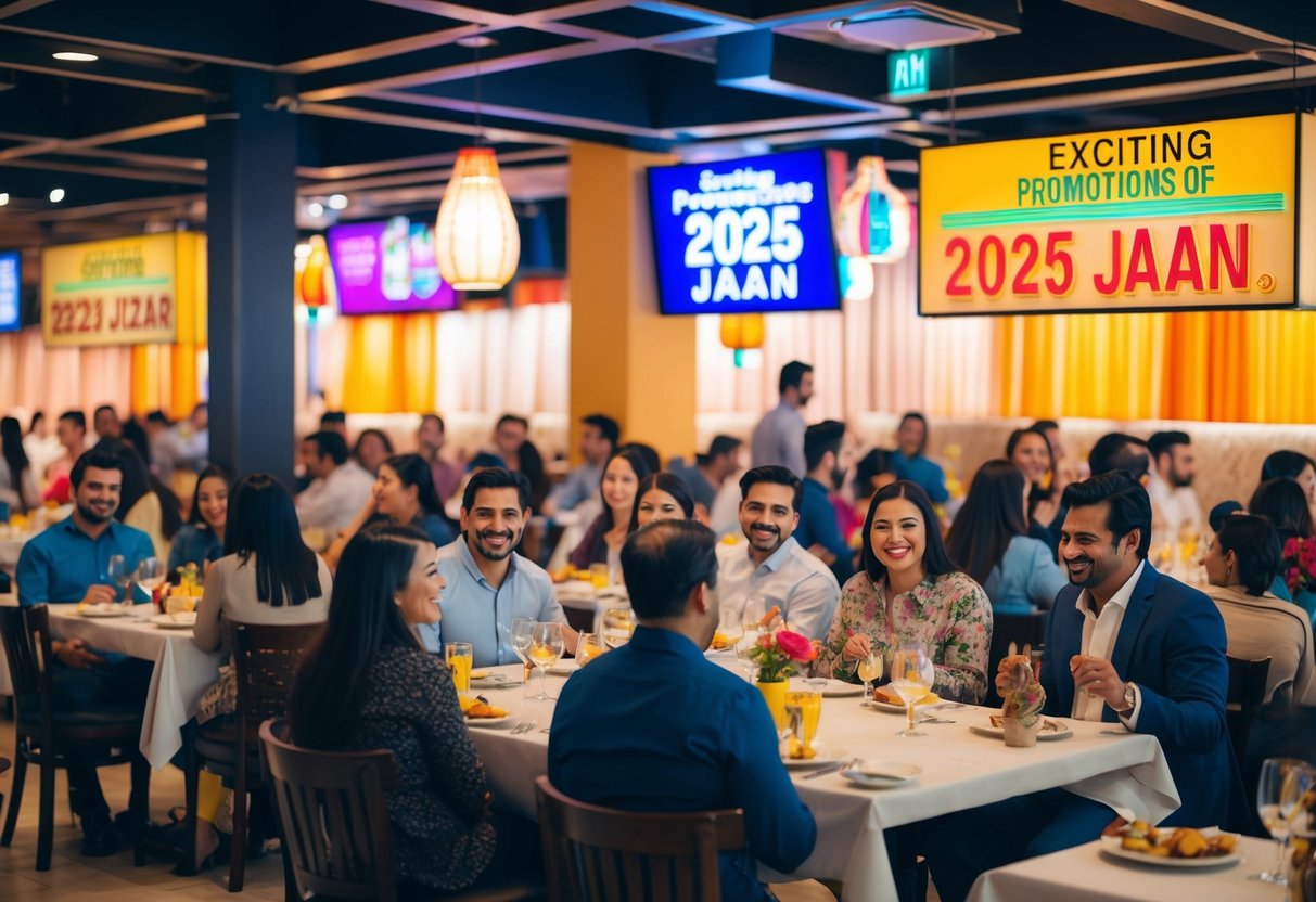 A bustling restaurant with tables filled with happy customers, a vibrant atmosphere with colorful decor and signage promoting "Exciting Promotions Of 2025 jaan."