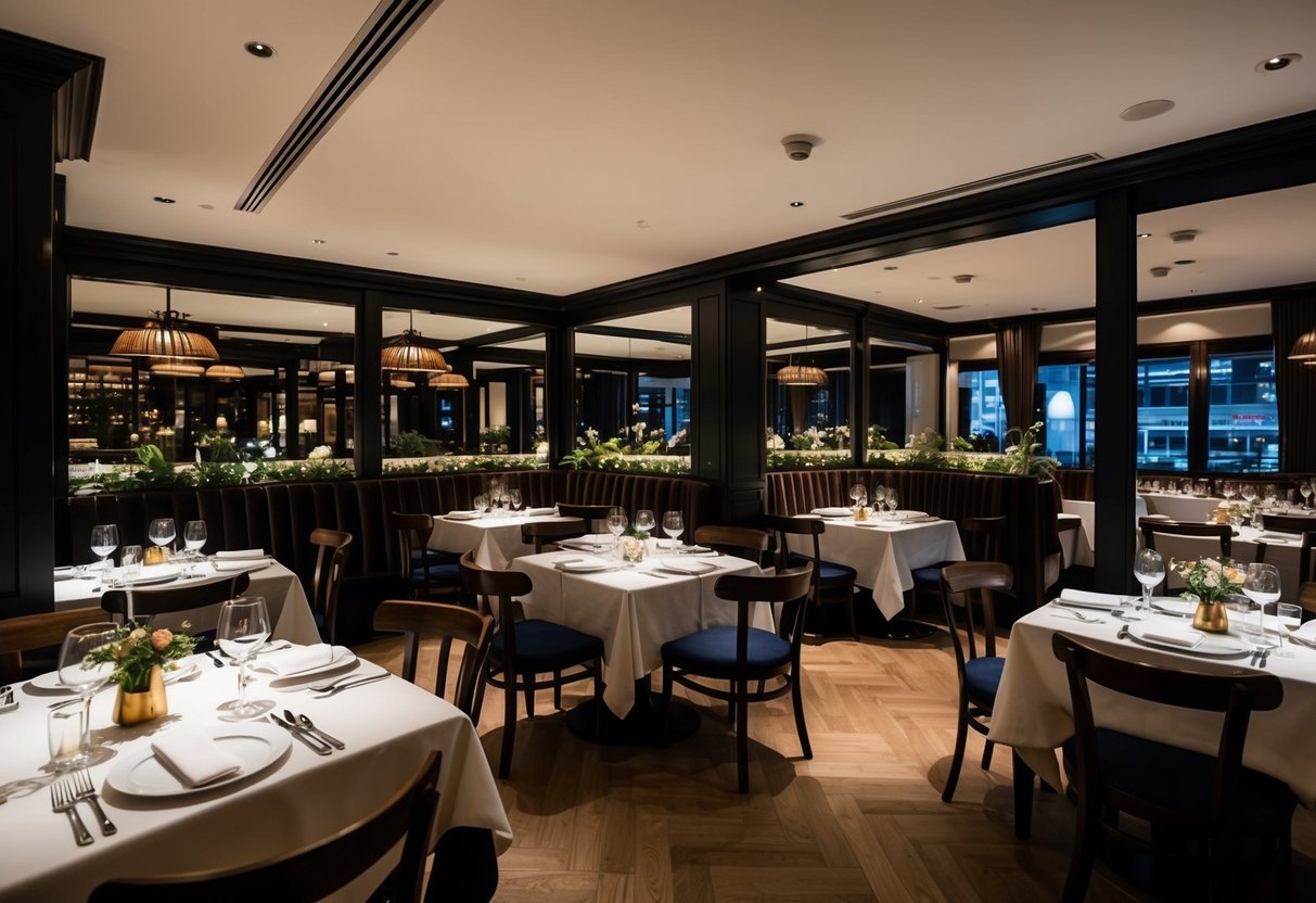 A cozy European-British restaurant with elegant table settings and dim lighting, showcasing a promotional event in Singapore