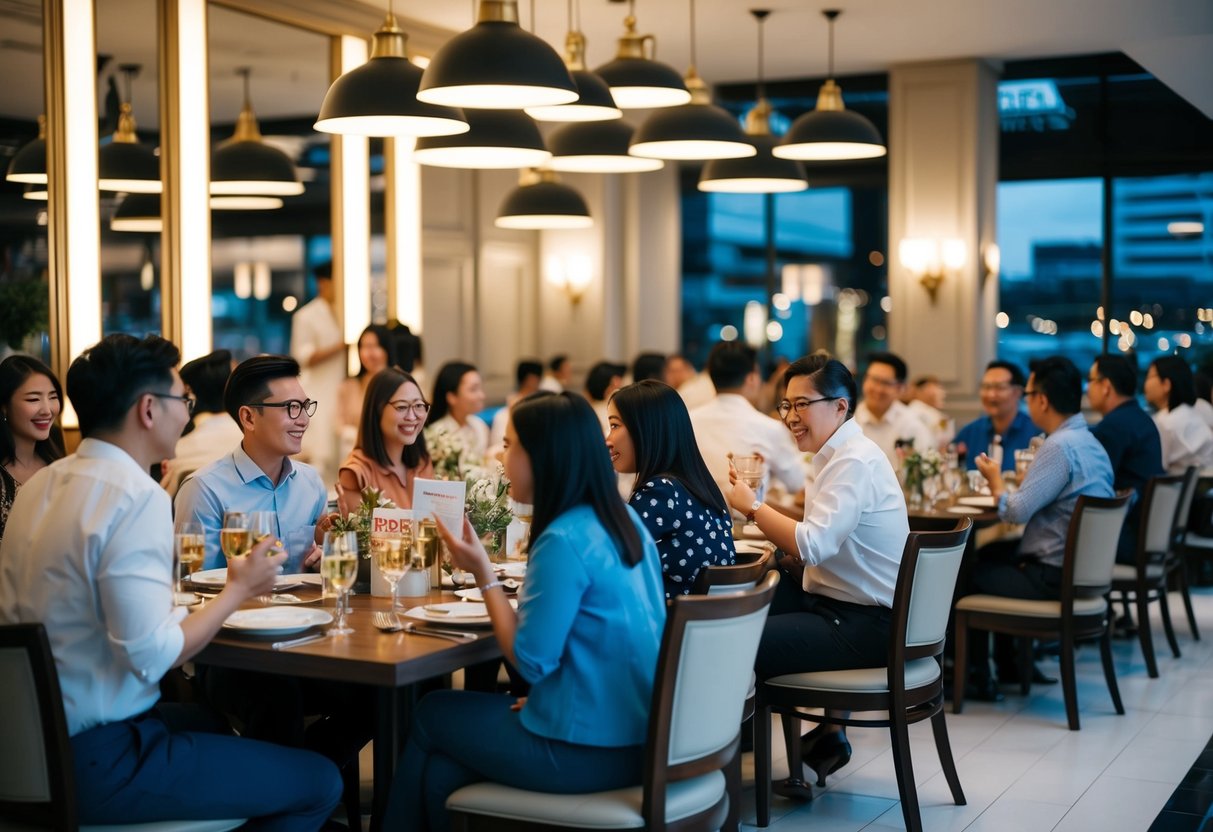 A bustling European-British restaurant in Singapore, with patrons enjoying promotions and asking frequently asked questions