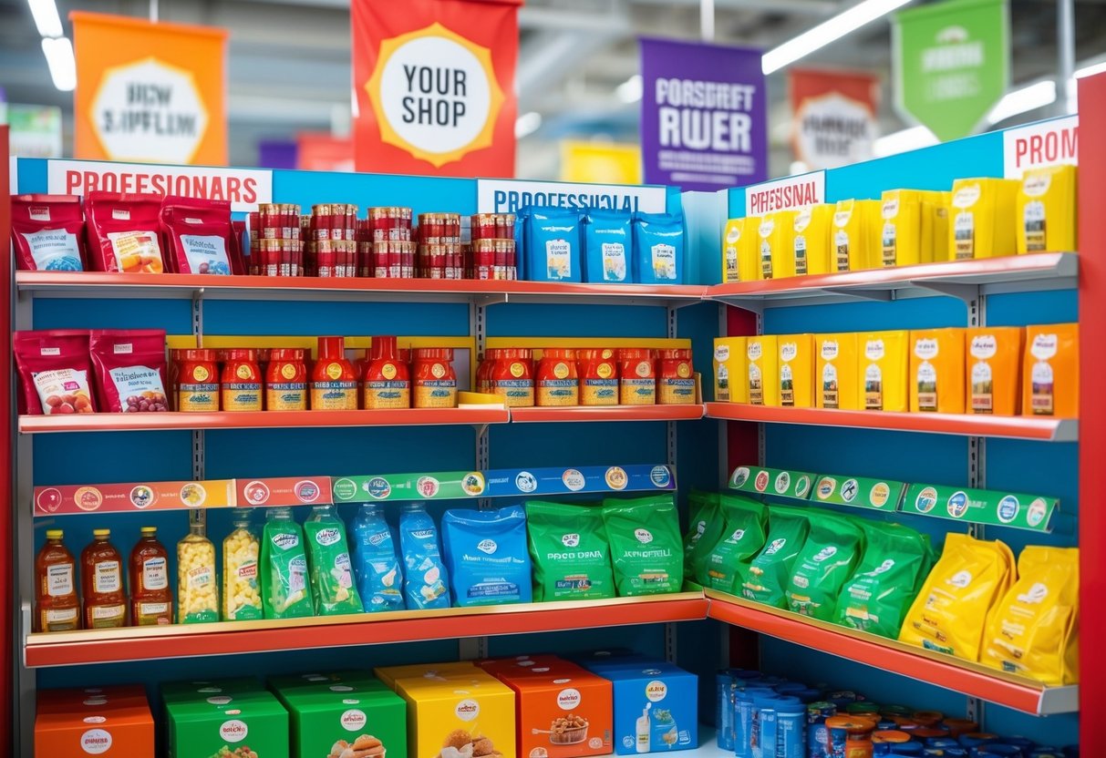 A colorful display of products arranged on shelves with bright banners and promotional signs