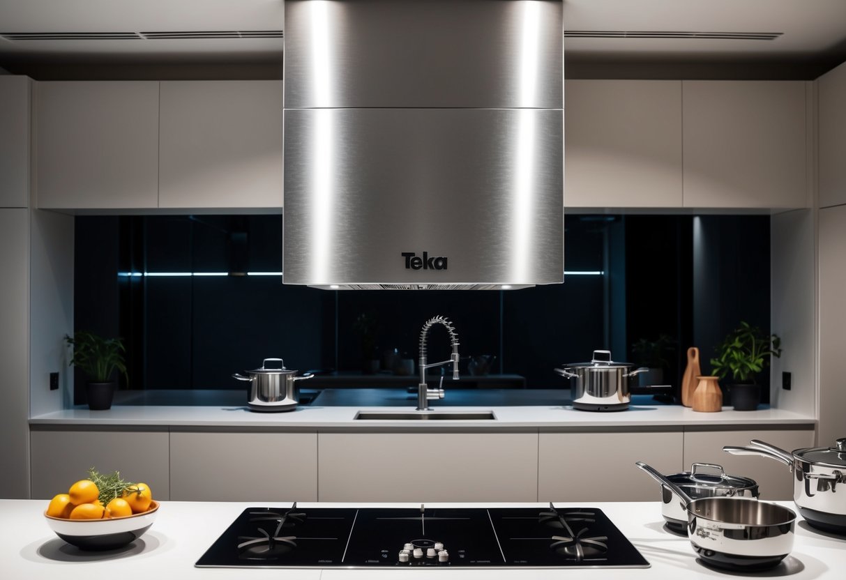 A sleek, modern kitchen with a Teka GFX 72 Built-in Hood prominently displayed, surrounded by other high-end appliances and cookware