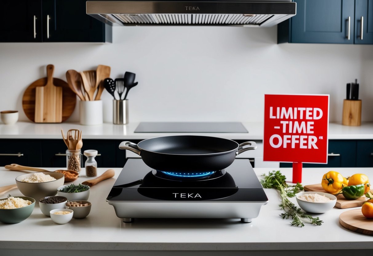 A kitchen scene with a sleek Teka cooktop as the focal point, surrounded by various cooking utensils and ingredients, with a prominent "limited-time offer" sign displayed nearby