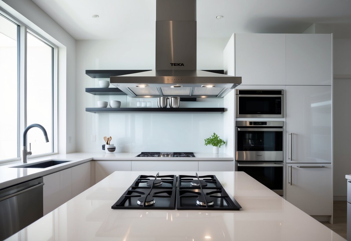 A sleek, modern kitchen with a Teka range hood as the focal point, surrounded by stainless steel appliances and clean, minimalist design