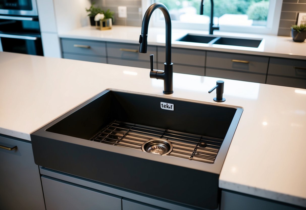 A modern kitchen with a Teka Tegranite+ sink as the focal point, surrounded by sleek countertops and contemporary fixtures