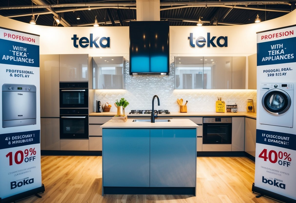 A brightly lit kitchen with modern Teka appliances on display, surrounded by promotional banners and discount signs