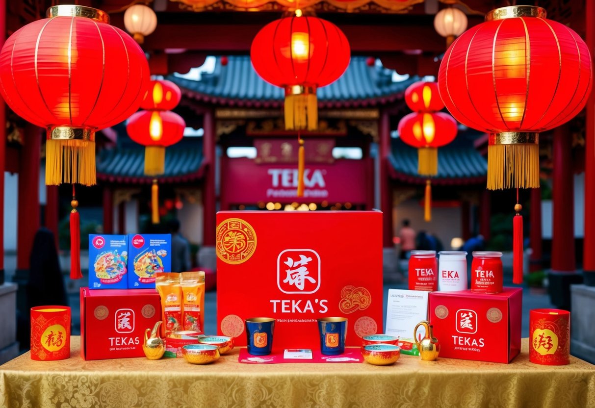 A festive Chinese New Year scene with red lanterns, traditional decorations, and a table filled with Teka's promotional items