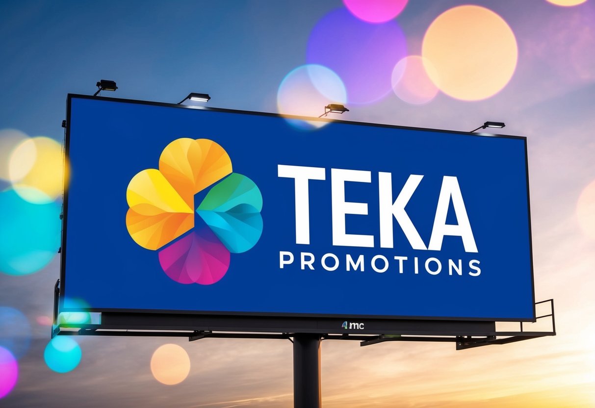 A vibrant logo of Teka Promotions displayed on a digital billboard with colorful graphics and dynamic design