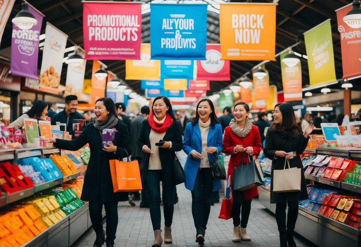 A bustling marketplace with colorful banners and excited customers browsing various promotional products
