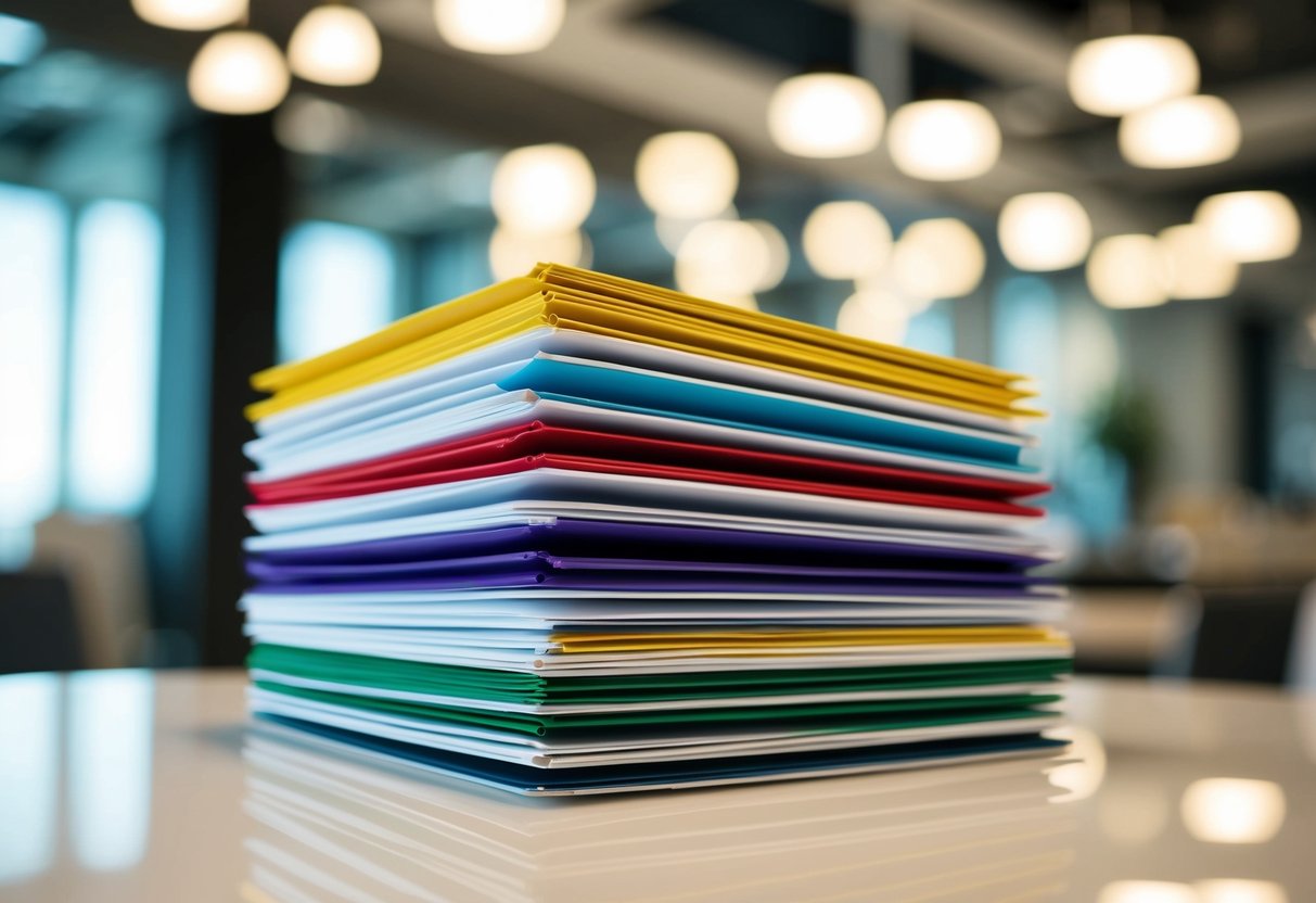A stack of colorful promotional materials arranged neatly on a table