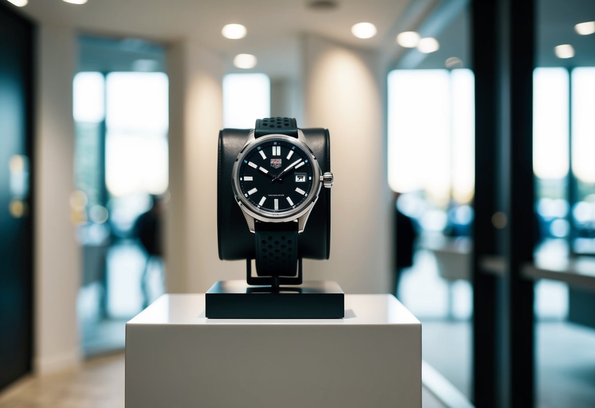 A sleek Tag Heuer watch displayed on a modern, minimalist pedestal in a well-lit showroom