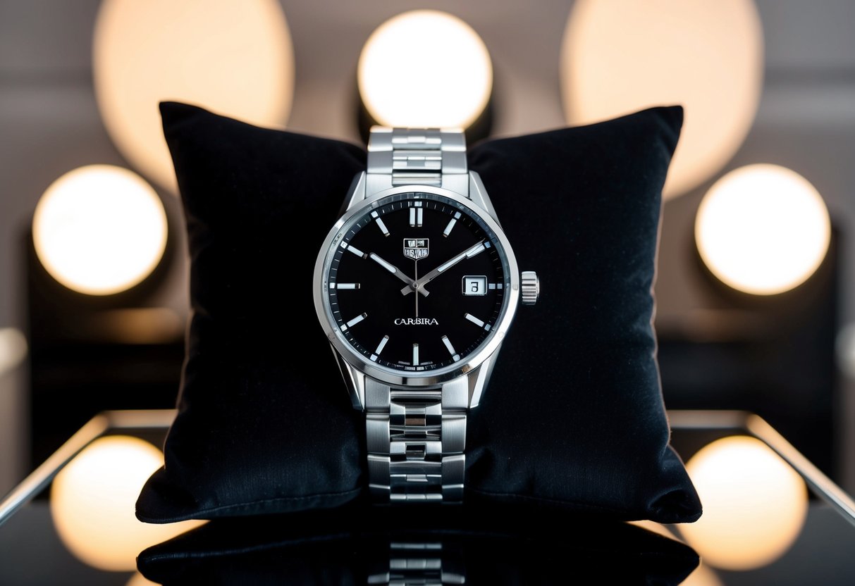 A sleek TAG Heuer Carrera Date watch displayed on a luxurious black velvet cushion, surrounded by soft lighting and elegant branding