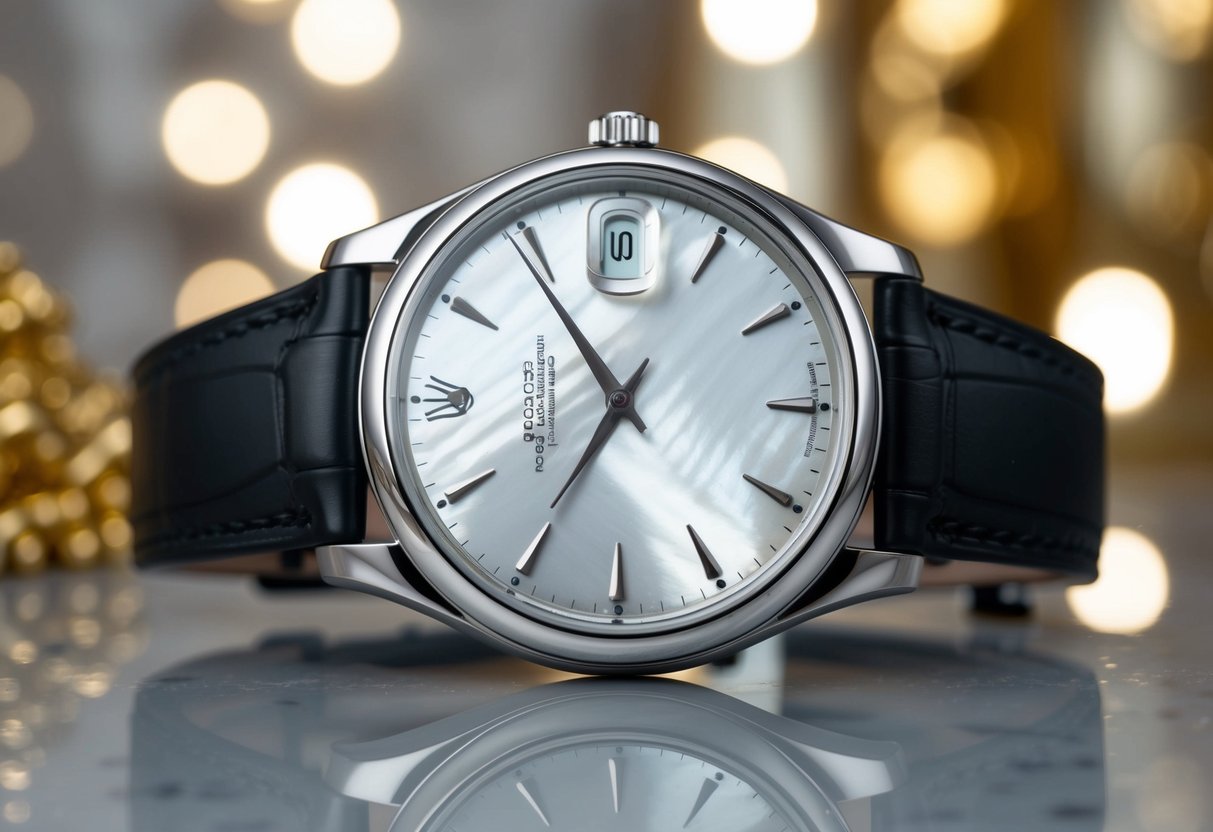 A sleek, silver watch with a shimmering mother-of-pearl dial, set against a backdrop of opulent surroundings