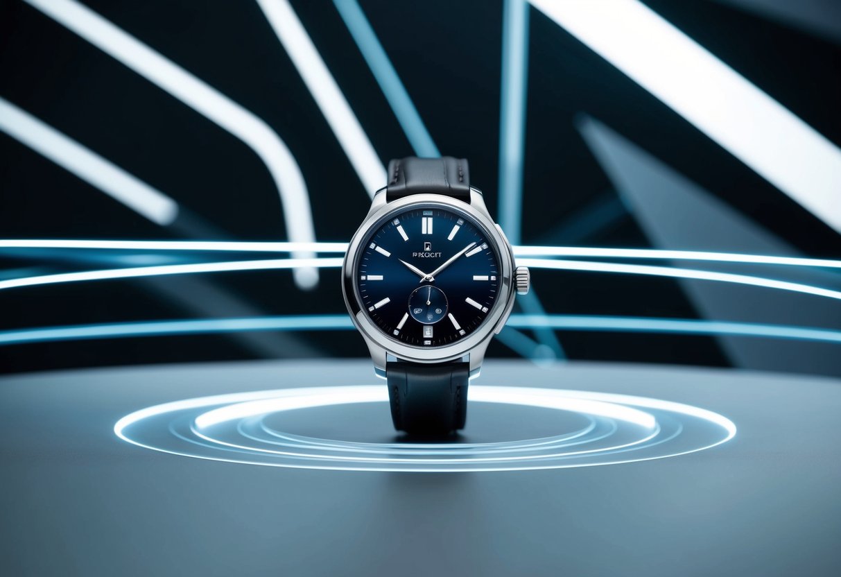 A sleek, modern watch spinning rapidly on a smooth surface, surrounded by dynamic lines and futuristic shapes