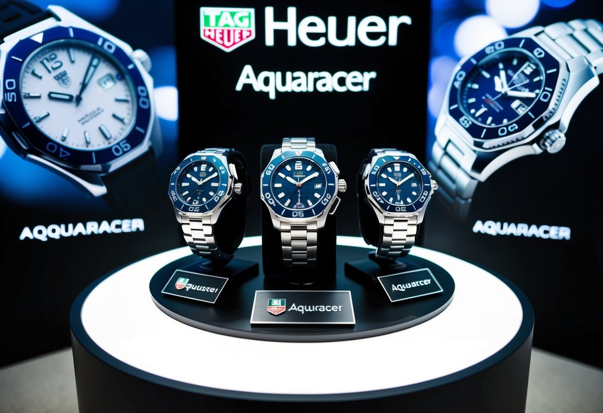 A luxurious display of TAG Heuer Aquaracer watches set against a backdrop of sleek promotional materials