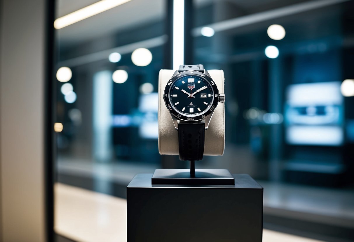 A sleek TAG Heuer watch displayed on a pedestal in a well-lit, modern store window
