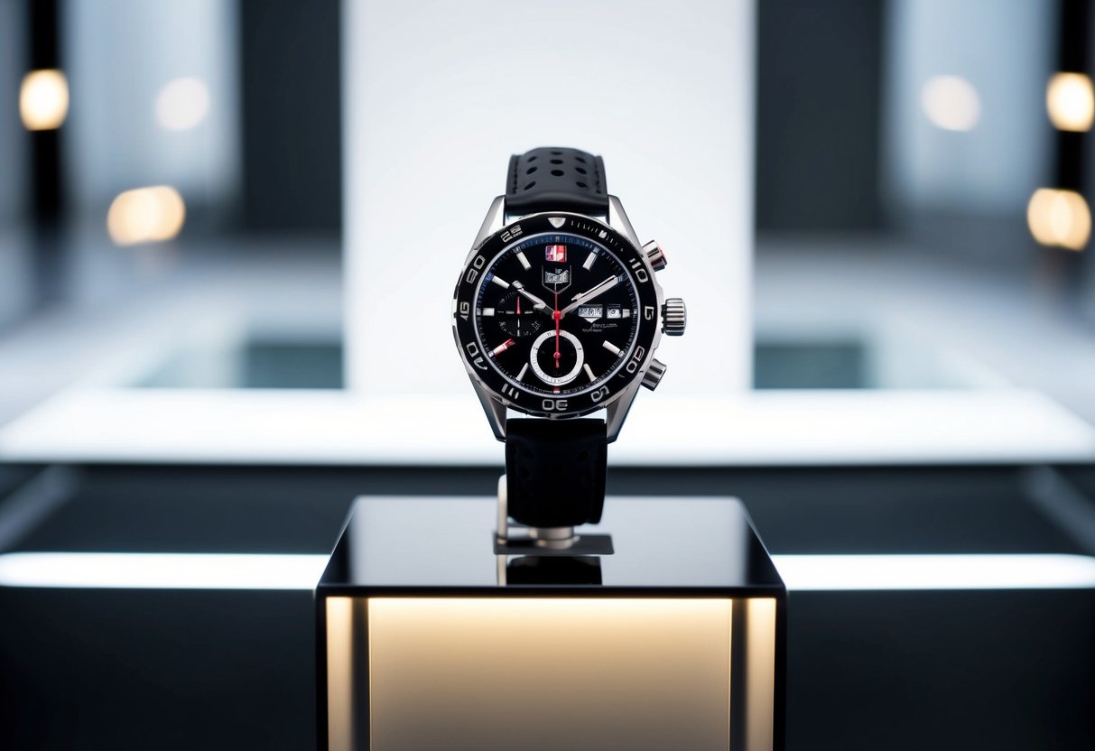 A sleek TAG Heuer watch displayed on a modern, minimalist pedestal with sharp lighting to highlight its luxury features