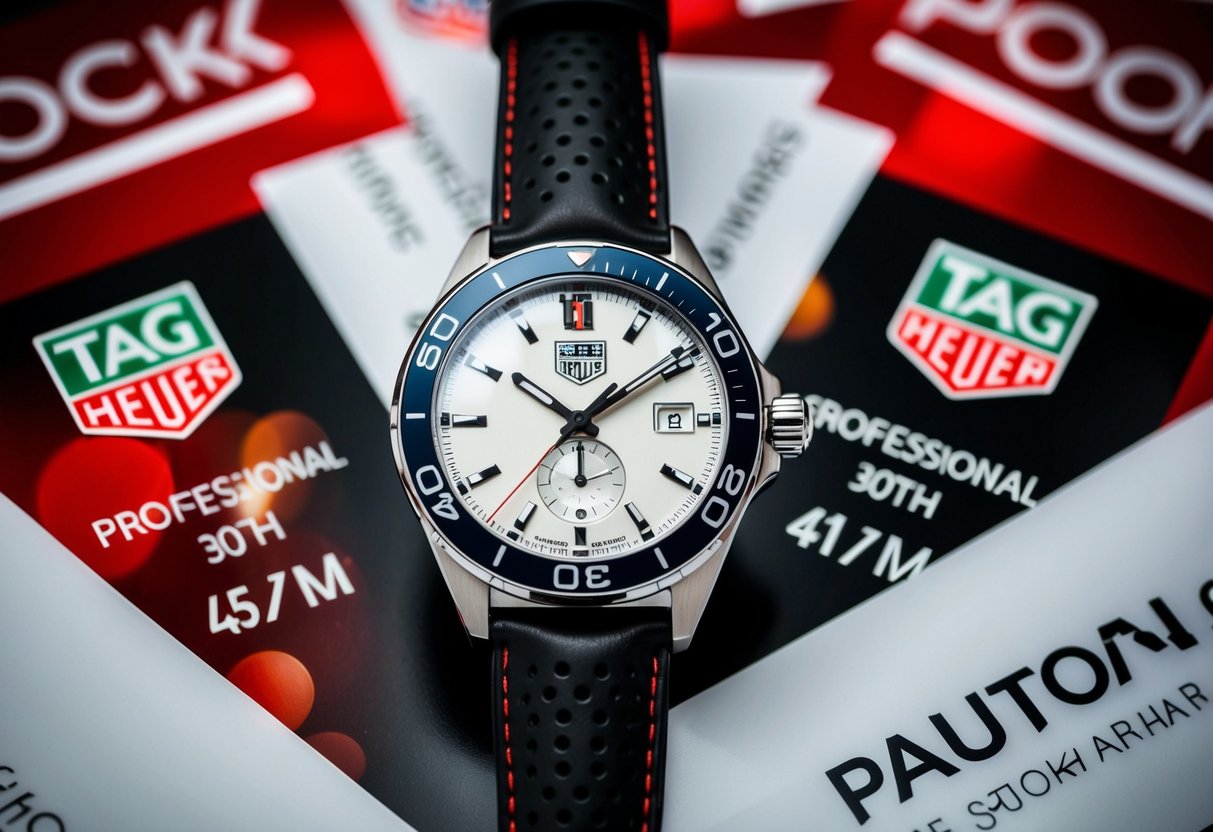 A sleek Tag Heuer watch surrounded by promotional banners and logos