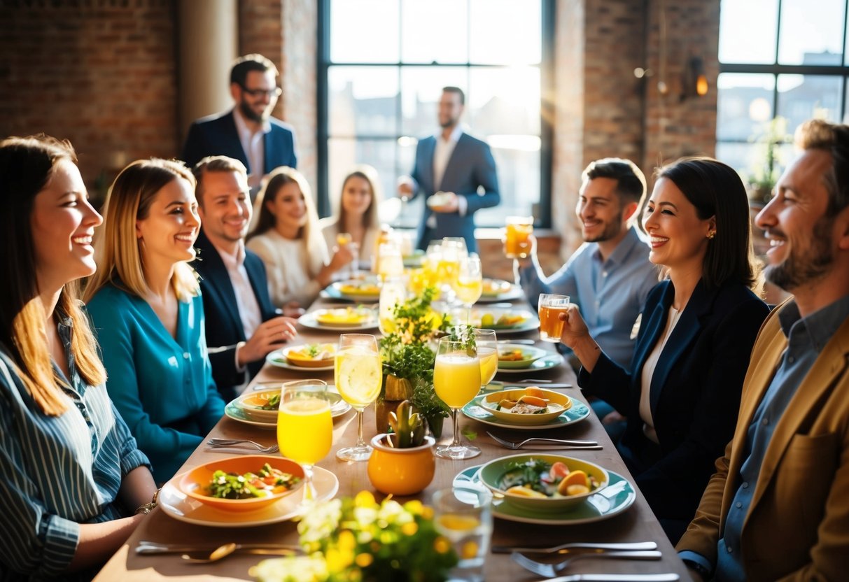 Tables set with colorful dishes and drinks, sunlight streaming through windows, people chatting and laughing in a lively atmosphere