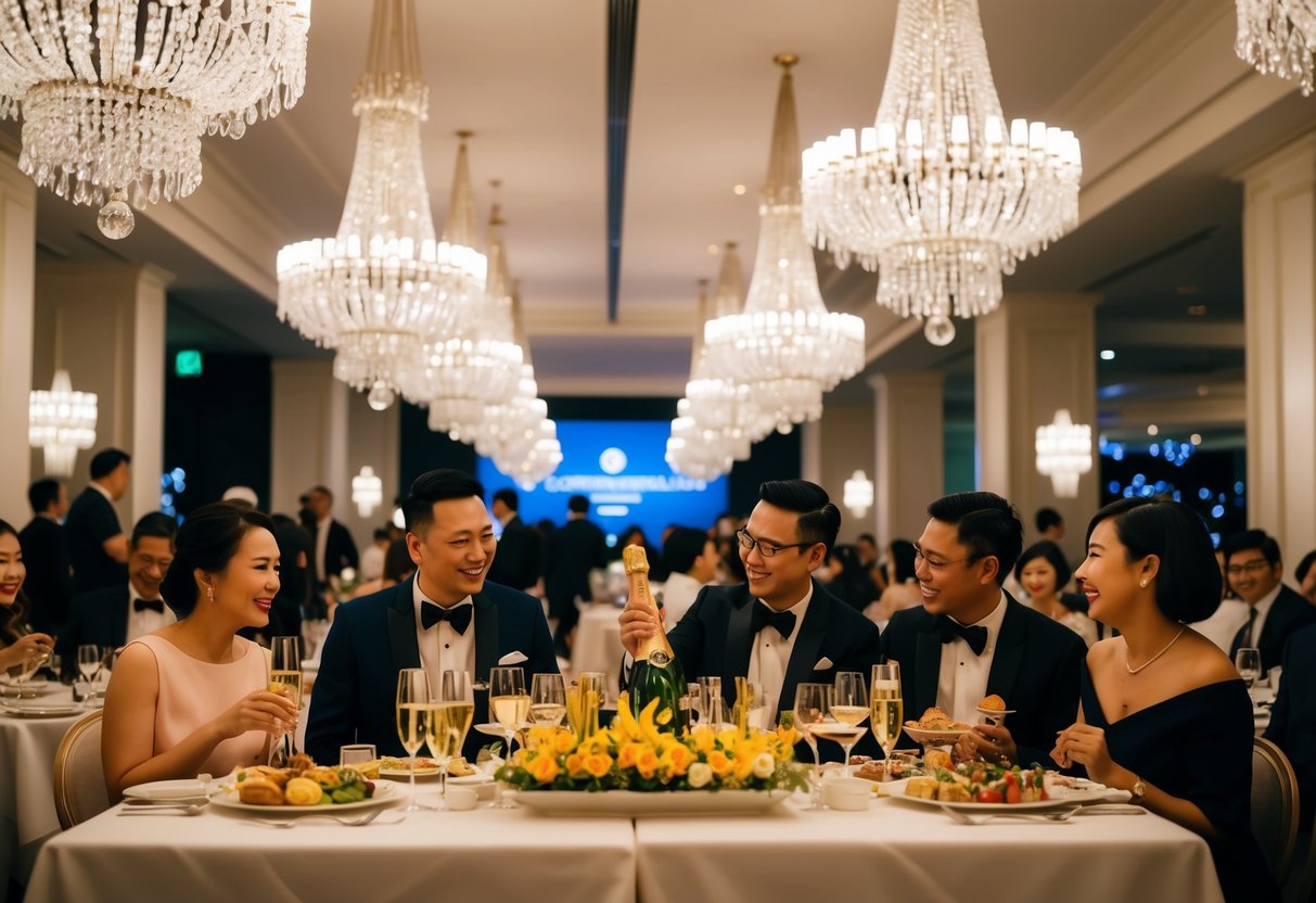 Guests enjoying champagne brunch under elegant chandeliers at InterContinental Singapore, surrounded by lavish food displays and live music