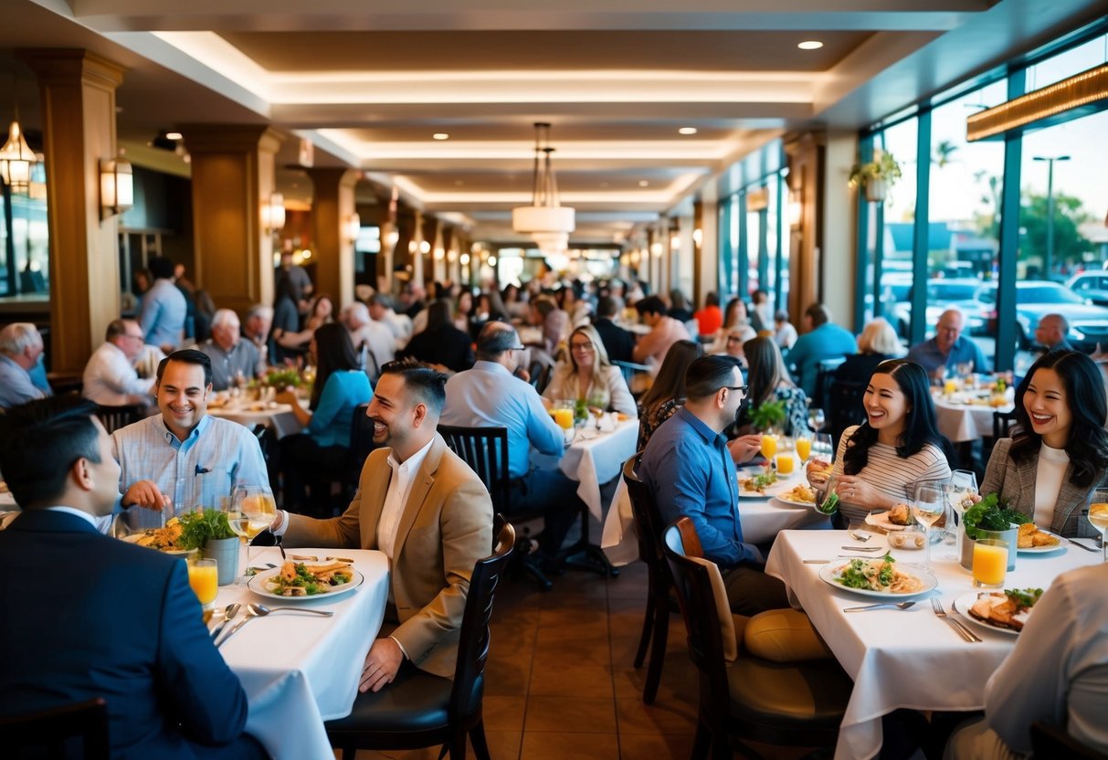 A bustling restaurant filled with tables of food and people enjoying Sunday brunch promotions in the lively town of Fullerton