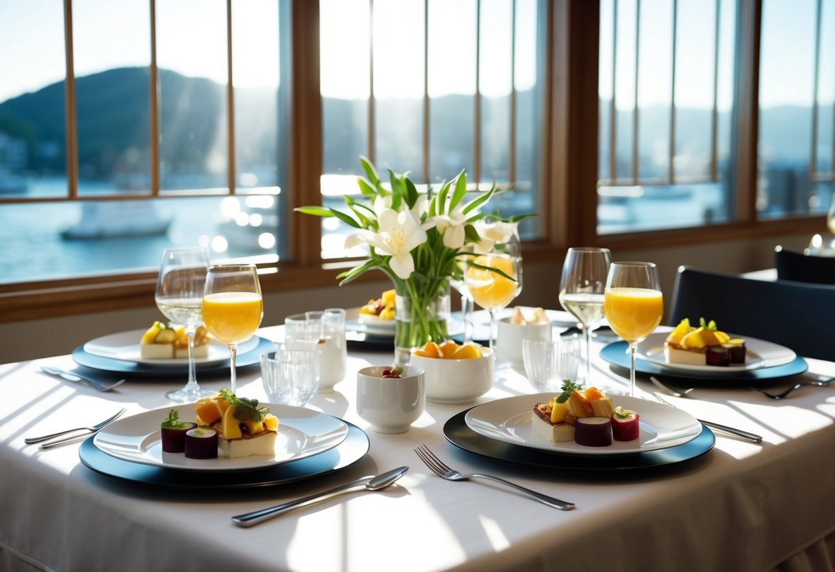 A table set with elegant brunch dishes and drinks at Nobu, with sunlight streaming through the windows onto the beautifully arranged food and tableware
