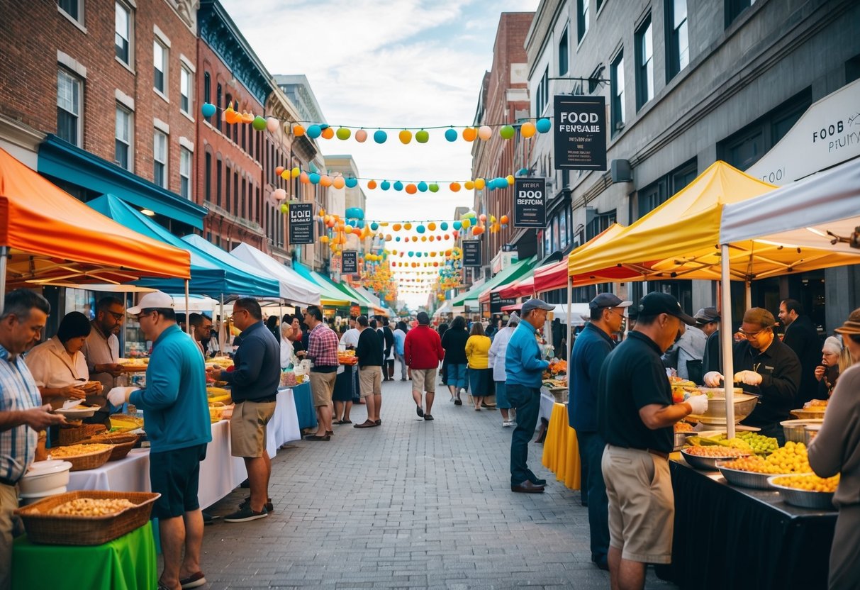 A colorful array of local food vendors line the bustling street, offering a variety of delicious dishes at the Food Exchange Sunday brunch promotions