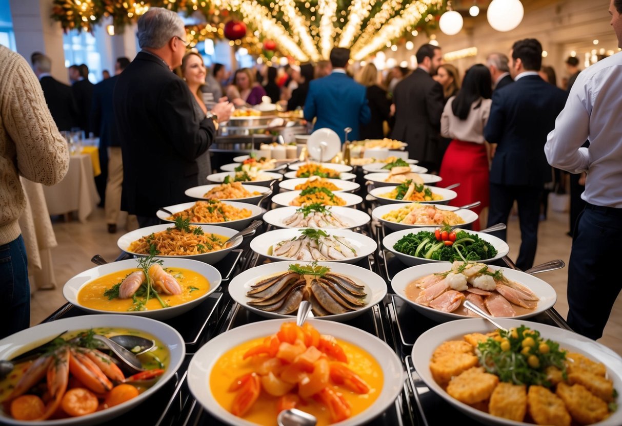 A colorful array of fresh seafood dishes displayed on a buffet table, surrounded by festive decorations and a bustling crowd of brunch-goers