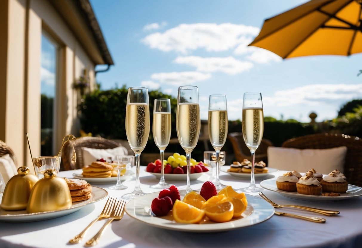 A table adorned with champagne flutes, fresh fruit, and pastries under a vintage umbrella on a sunny patio
