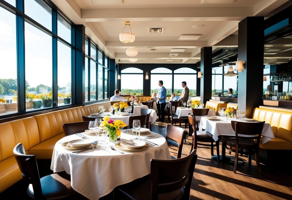 A bustling restaurant scene with tables set for brunch, sunlight streaming through large windows, and a lively atmosphere